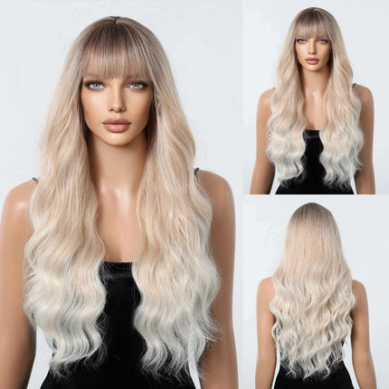 30-Inch Brown Wavy Synthetic Wig with Bangs - Perfect for Parties and Themed Events - Très Elite
