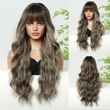 30-Inch Brown Wavy Synthetic Wig with Bangs - Perfect for Parties and Themed Events - Très Elite