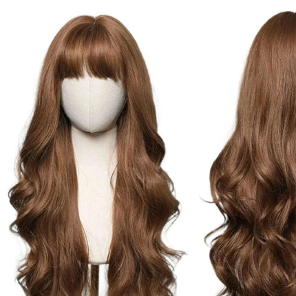 30-Inch Brown Wavy Synthetic Wig with Bangs - Perfect for Parties and Themed Events - Très Elite