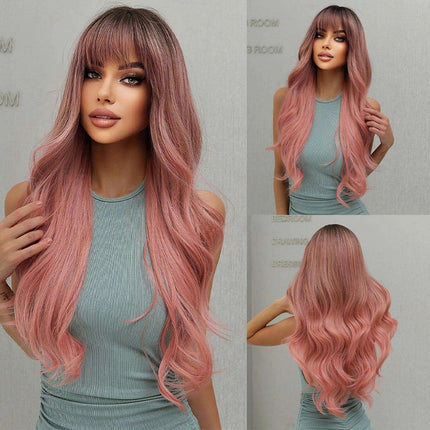 30-Inch Brown Wavy Synthetic Wig with Bangs - Perfect for Parties and Themed Events - Très Elite