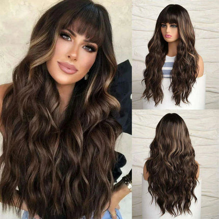 30-Inch Brown Wavy Synthetic Wig with Bangs - Perfect for Parties and Themed Events - Très Elite