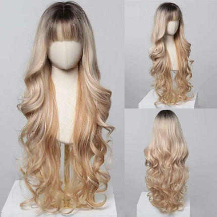 30-Inch Brown Wavy Synthetic Wig with Bangs - Perfect for Parties and Themed Events - Très Elite