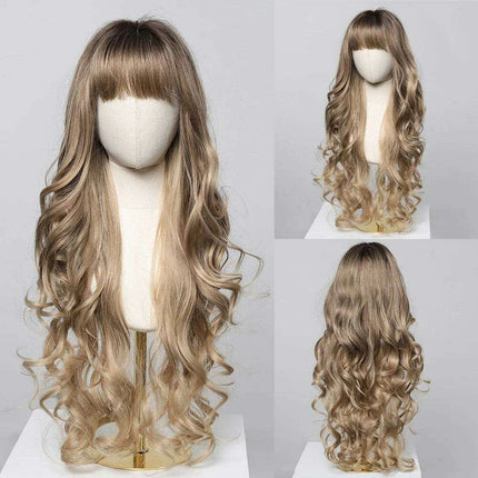 30-Inch Brown Wavy Synthetic Wig with Bangs - Perfect for Parties and Themed Events - Très Elite