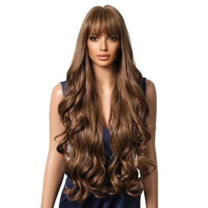 30-Inch Brown Wavy Synthetic Wig with Bangs - Perfect for Parties and Themed Events - Très Elite