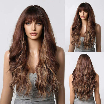 30-Inch Brown Wavy Synthetic Wig with Bangs - Perfect for Parties and Themed Events - Très Elite