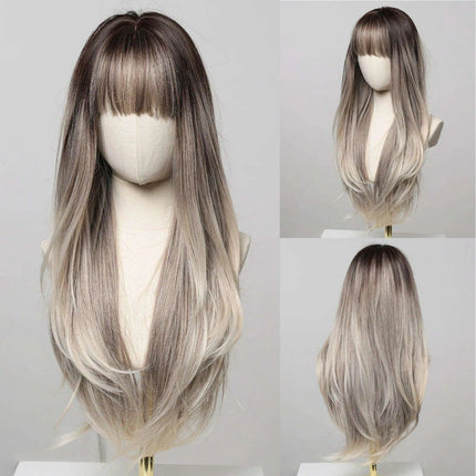 30-Inch Brown Wavy Synthetic Wig with Bangs - Perfect for Parties and Themed Events - Très Elite