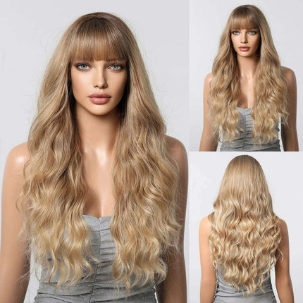 30-Inch Brown Wavy Synthetic Wig with Bangs - Perfect for Parties and Themed Events - Très Elite