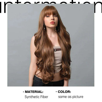 30-Inch Brown Wavy Synthetic Wig with Bangs - Perfect for Parties and Themed Events - Très Elite