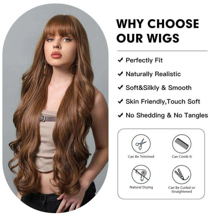 30-Inch Brown Wavy Synthetic Wig with Bangs - Perfect for Parties and Themed Events - Très Elite
