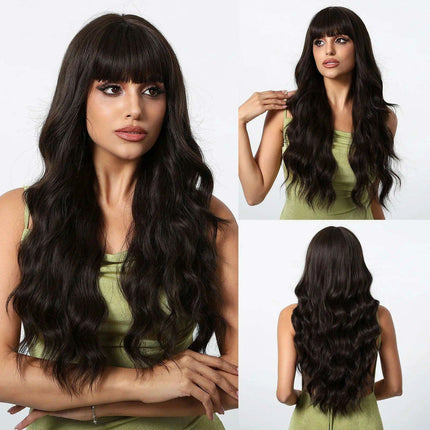 30-Inch Brown Wavy Synthetic Wig with Bangs - Perfect for Parties and Themed Events - Très Elite