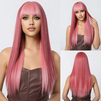 30-Inch Brown Wavy Synthetic Wig with Bangs - Perfect for Parties and Themed Events - Très Elite