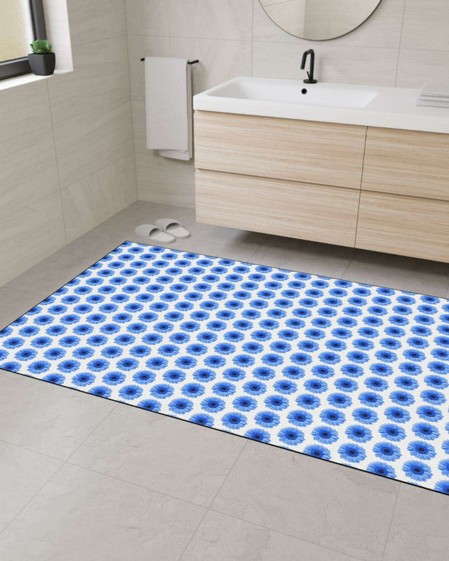 Chic Blue Daisy Deluxe Area Rug with Elegant Black Accents and Anti-Slip Base
