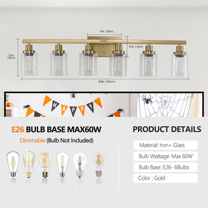 Room & Decor Golden 6-Light Vanity Light, Clear Glass Shades, Modern D
