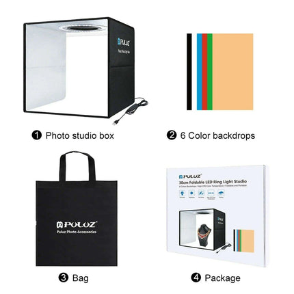 30CM PULUZ Adjustable LED Light Box Photography Kit with Six Color Backdrops - Portable Softbox for Product and Portrait Shots - Très Elite
