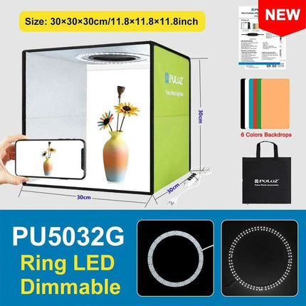 30CM PULUZ Adjustable LED Light Box Photography Kit with Six Color Backdrops - Portable Softbox for Product and Portrait Shots - Très Elite