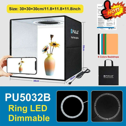 30CM PULUZ Adjustable LED Light Box Photography Kit with Six Color Backdrops - Portable Softbox for Product and Portrait Shots - Très Elite