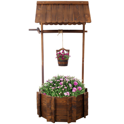 Room and Decor Rustic Wooden Wishing Well Planter with Hanging Bucket