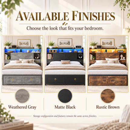 Farmhouse King Bed Frame with LED Headboard, 4-Drawer Storage & Charging Station Platform Beds & Bed Frames king-bed-frame-with-led-lights-storage-drawers-charging-station-farmhouse-style-no-box-spring-needed Furniture > Bedroom Furniture > Beds & Bed Frames