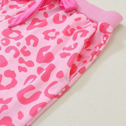 Chic Satin Pink Leopard Print Pajama Set with Bow and Shorts for Ultimate Comfort