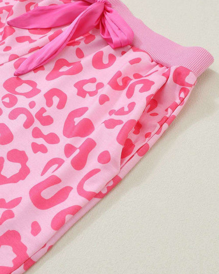 Chic Satin Pink Leopard Print Pajama Set with Bow and Shorts for Ultimate Comfort