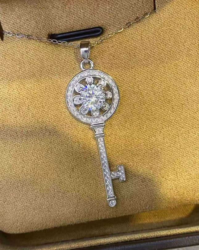 Platinum-Plated Key Pendant Necklace with 1 Carat Lab-Grown Diamond - A Touch of Glamour