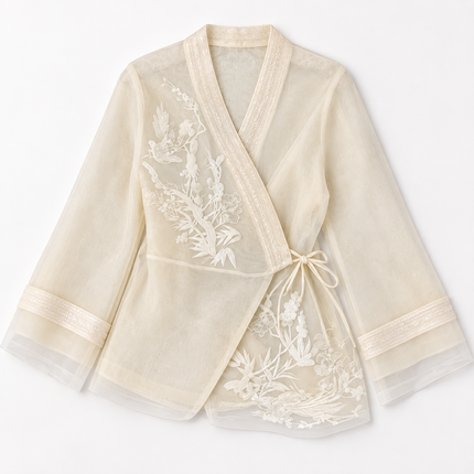 Chinese Embroidery V-Neck Mesh Shirt for Women