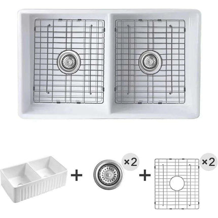 33-Inch Stylish Double Bowl Fireclay Farmhouse Sink with Reversible Apron Front by HausinLuck - Elegant White Design..