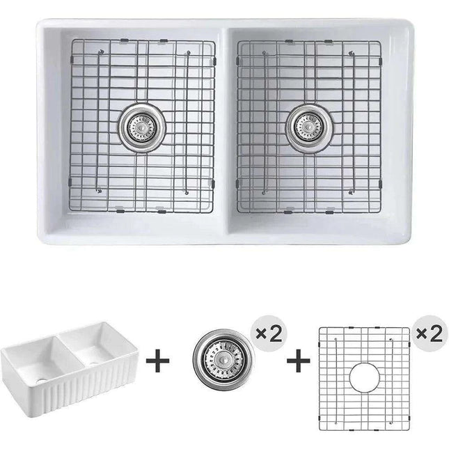 33-Inch Stylish Double Bowl Fireclay Farmhouse Sink with Reversible Apron Front by HausinLuck - Elegant White Design