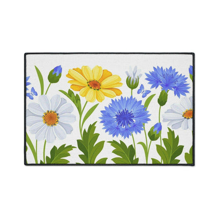 Chic Chamomile Floral Floor Mat with Elegant Black Accents