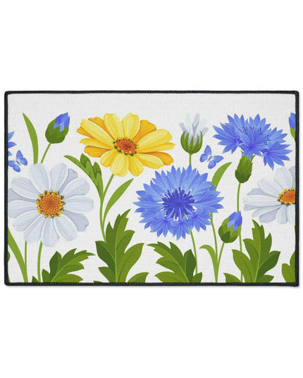 Chic Chamomile Floral Floor Mat with Elegant Black Accents