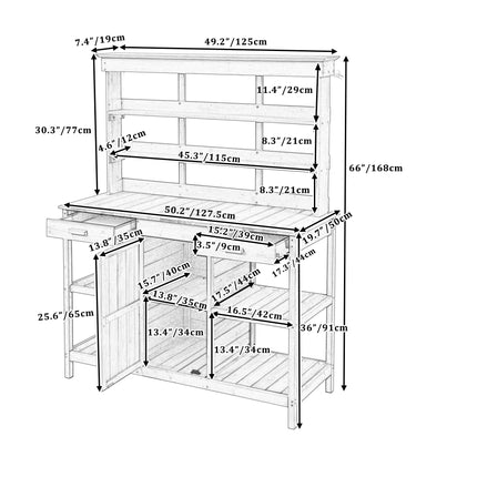 Room & Decor 66" Outdoor Farmhouse Wooden Potting Bench with Drawers &