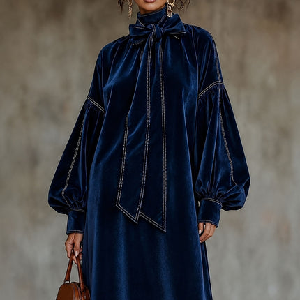Peekaboo Studio High-Neck Velvet Dress with Bow & Elegant Design