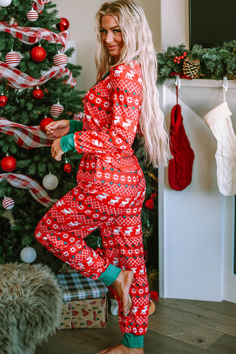 Fiery Red Christmas Print Henley Top Pajama Set