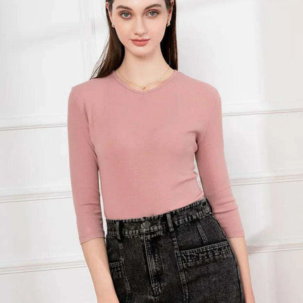 3/4 Sleeve V-Neck Women's Top in Stretchy Ribbed Fabric - Très Elite