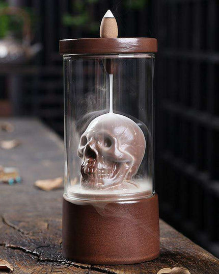 Enigmatic Skull Backflow Incense Holder with Vintage Glass Shield - Alluring Home Decor Piece