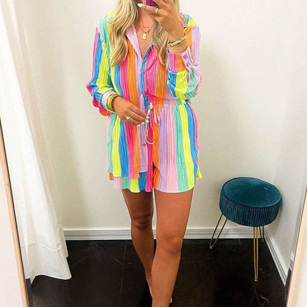 Colorful Crinkle Shirt and Shorts Ensemble with Playful Rainbow Stripes