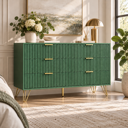 7-Drawer Wide Chest Dresser with Gold Pulls — 47.2” x 15.7” x 31.4”