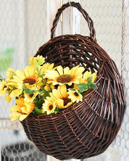 Rustic Blue Rattan Flower Wall Basket for Real or Faux Blooms