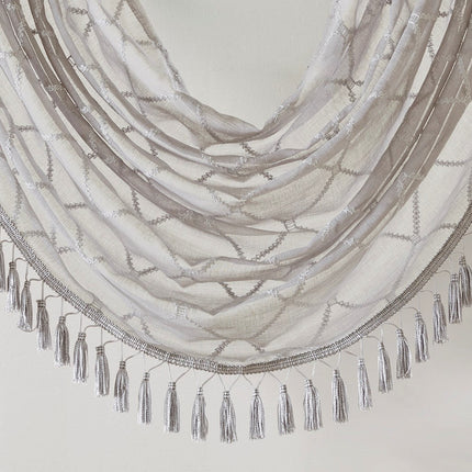 Room and Decor Diamond Sheer Embroidered Waterfall Valance, Grey 38x46