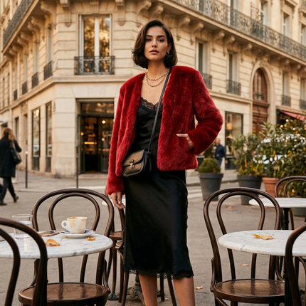 Women's Short Faux Fur Jacket with V-Neckline