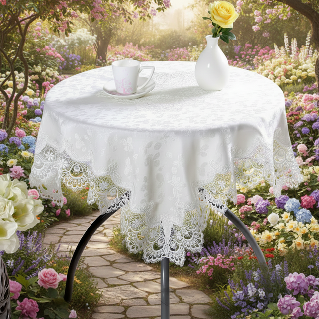 Peekaboo Studio White Lace Round Tablecloth Set - European Fabric, Ele