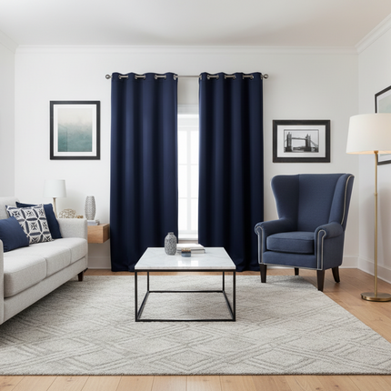 Dark Blue Bedroom Blackout Fabric Printed Curtains