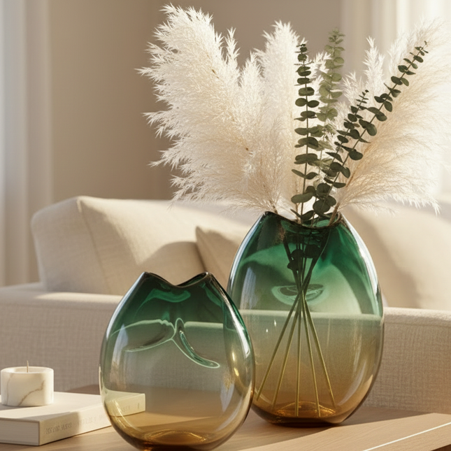 Two green vases with dried plants on a coffee table in a living room setting.