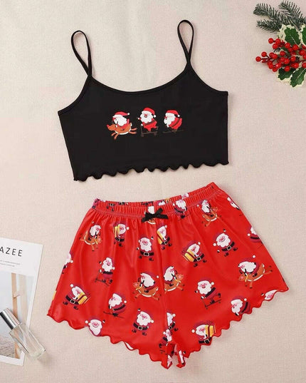 Christmas European And American Thin Pajamas Women's Sleeveless Shorts Milk Silk Simple Casual Two-piece Suit Homewear