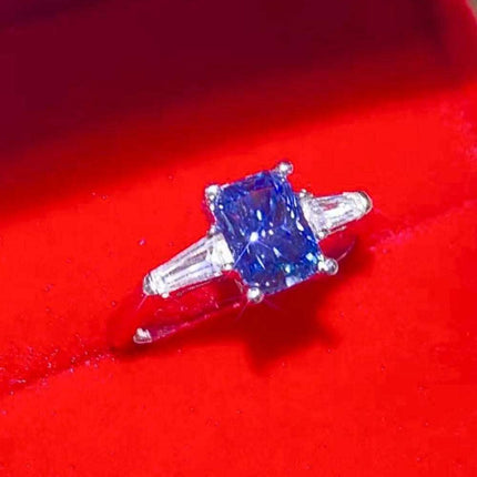 Stunning Blue Rectangular Lab-Diamond Ring in Platinum - A Luxurious Statement with Zircon Accents
