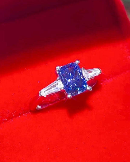 Stunning Blue Rectangular Lab-Diamond Ring in Platinum - A Luxurious Statement with Zircon Accents