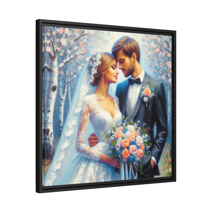 Elegant Black Pinewood Framed Wedding Couple Canvas Art