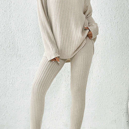 Chic Apricot Ribbed Knit Lounge Ensemble: Long Sleeve Top & Slim Fit Pants