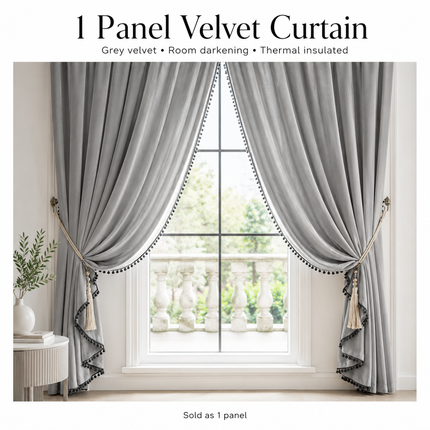 MF Household Store Velvet Thermal Insulated Room Darkening Curtain - G Curtains 1-panel-velvet-curtains-thermal-insulated-room-darkening-curtain-drapes-with-ball-home-decor-grey