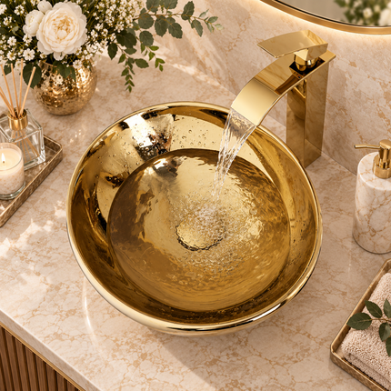 Luxury Gold Ceramic Vessel Sink - Round Above Counter Basin with Faucet